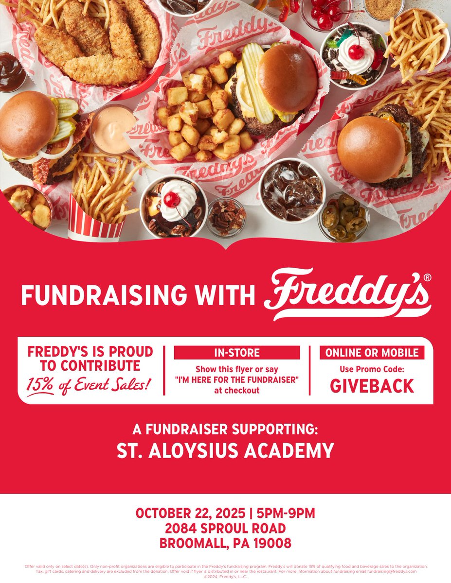 Dine for a cause! Join us at Freddy’s tonight October 22, 5–9 PM — 15% of sales go to St. Aloysius Academy! 

Order online w/ code GIVEBACK or tell the cashier you’re supporting St. Aloysius.

#SAAProud #WildcatPride #FreddysGiveback #DineandDonate