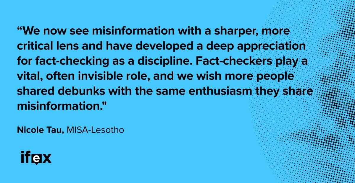 IFEX's tweet image. #Lesotho 🇱🇸 Through its first-ever CheckDesk, @NewMisa_Lesotho has debunked viral falsehoods, exposed scams &amp;amp; strengthened trust in public information - reinforcing that access to accurate information is the backbone of #FreeExpression. lesotho.misa.org/2025/09/30/gro…