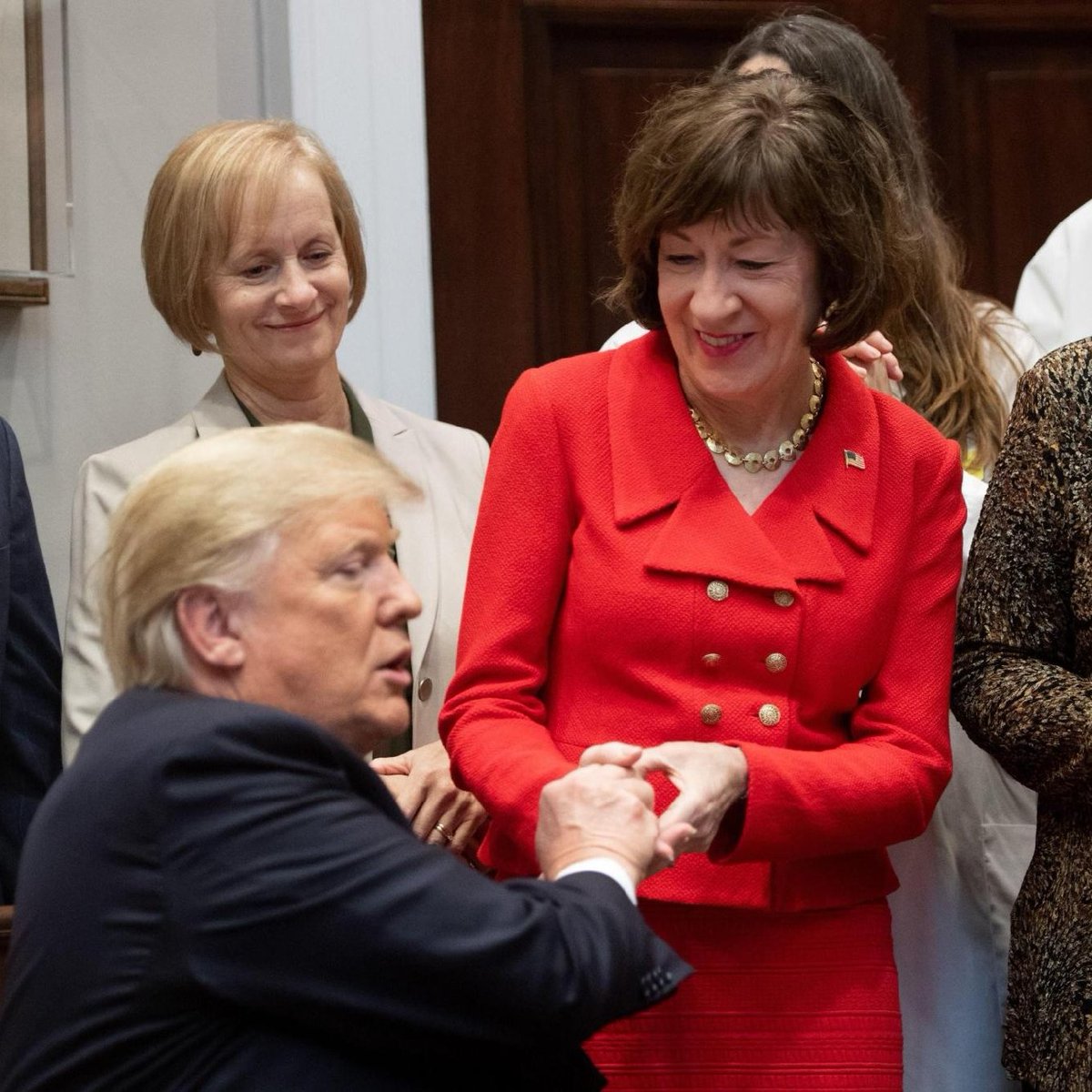 DisavowTrump20's tweet image. Susan Collins doesn't want you to see this picture of her groveling to Donald Trump in the Oval Office.