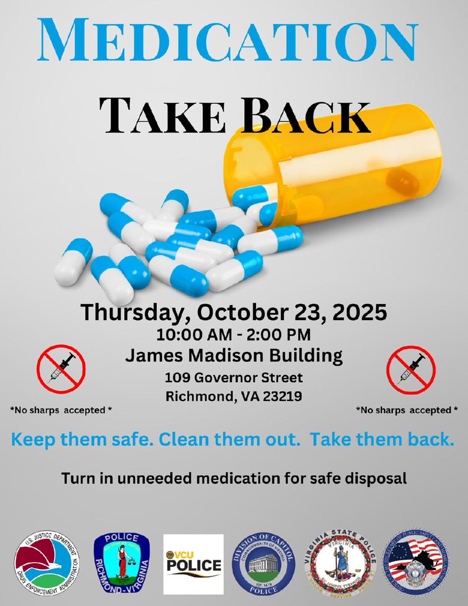 Ready to clean out your medicine cabinet? Stop by the James Madison Building tomorrow, October 23, from 10am until 2pm to safely throw away your unneeded or expired prescription drugs at #TakeBackDay. Come see us and <a href="/VSPPIO/">VA State Police</a>  <a href="/VCUPD/">VCU Police</a> <a href="/RichmondPolice/">Richmond Police</a> <a href="/VA_PSHS/">Secretary Marcus Anderson</a> <a href="/DEAWashingtonDC/">DEAWashington</a>