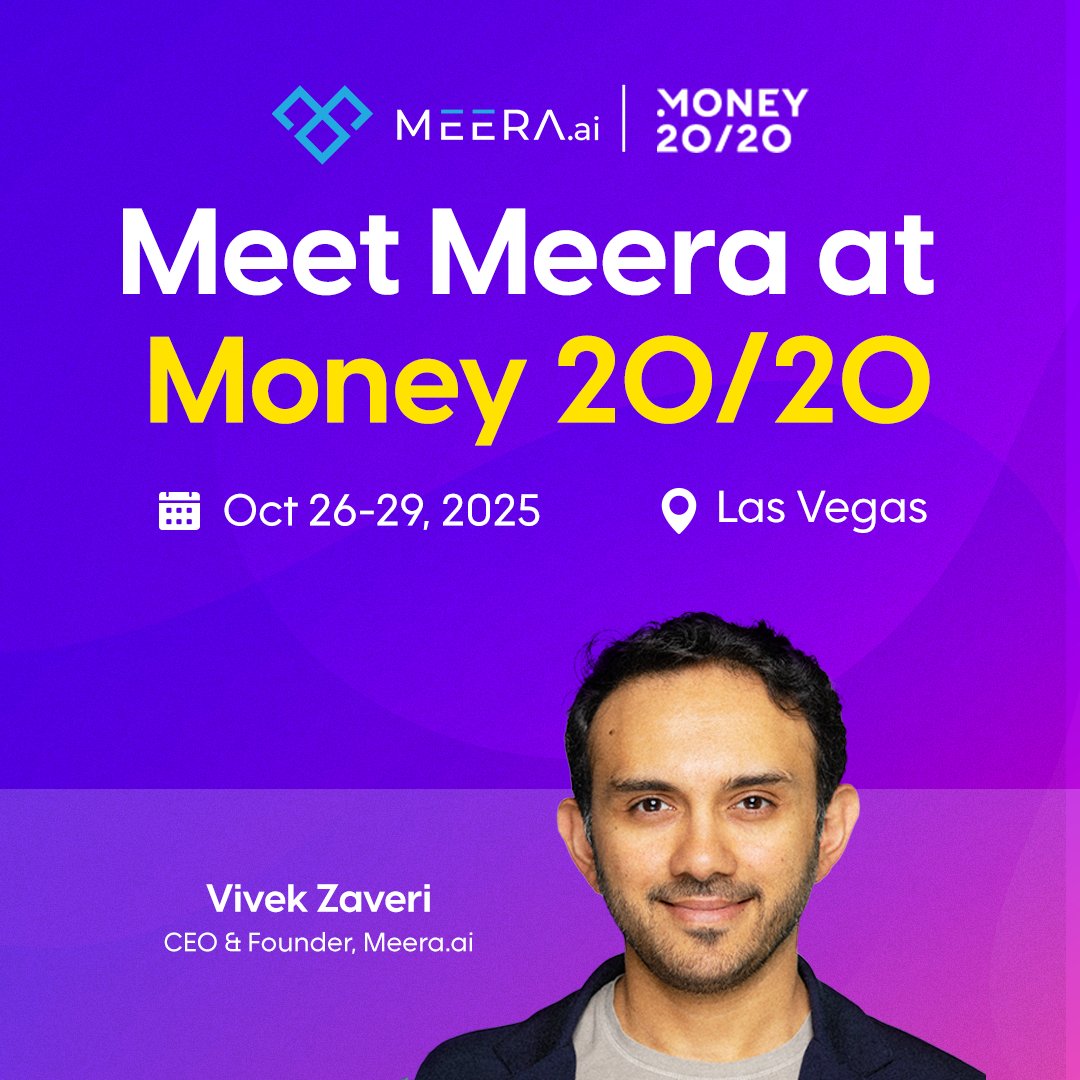 bit.ly/49cKn2n is heading to #Money2020! 

Join our CEO &amp; Founder, Vivek Zaveri, in Las Vegas (Oct 26–29, 2025) as we connect &amp; shape the future of fintech.

Excited to share how Meera helps financial institutions deliver smarter, personalized experiences.

#money2020