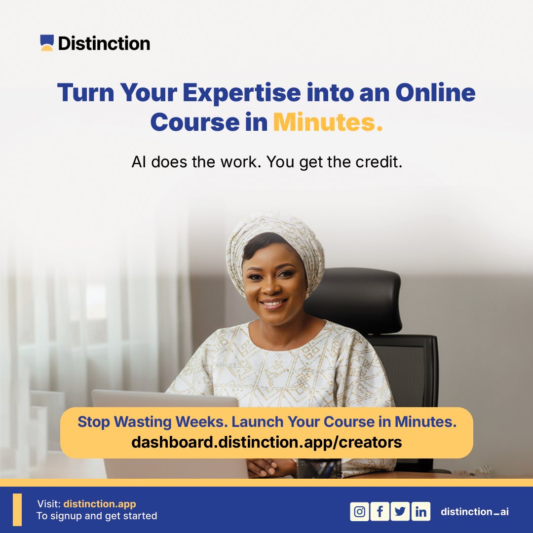 getDistinction's tweet image. Ever wished your content could teach for you?
Now it can. AI helps you create a full course — in minutes.
🎓 From idea → published → earning.

Start now: dashboard.distinction.app/creators

#CreateWithDistinction #Distinction #FlexiSAF #AIforCreators