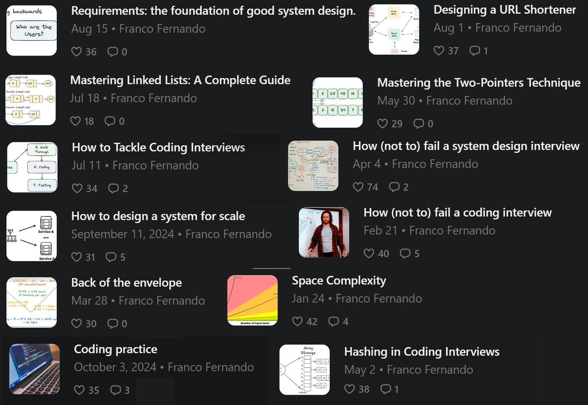 Franc0Fernand0's tweet image. If you're a software engineer who wants to get better at tech interviews, read these 12 articles (dark mode available): ↓