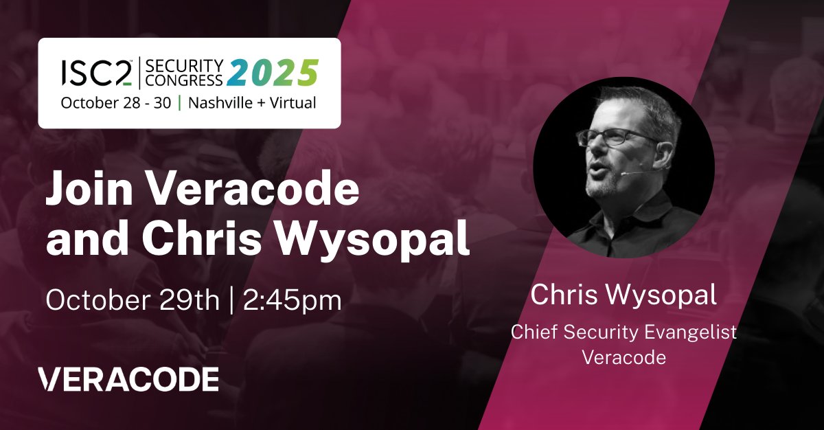 Veracode's tweet image. Join Veracode Co-Founder Chris Wysopal at (ISC)² Security Congress on Oct 29 at 2:45 PM. His session “Secure by Design: Are We Winning?” will share new 2025 data on OWASP Top 10 flaws and where the industry stands today.

📅 Add to your agenda: …5isc2securitycongress.eventscribe.net/agenda.asp?sta…