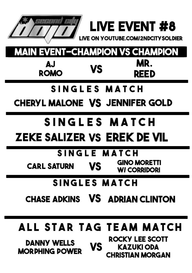 LIVE at 2 PM CST, Second City Dojo airs the 8th installment of the live event circuit! 

Don't miss all the action from your favorite SCD superstars!

(As always, credit goes to <a href="/DX1228/">Adam Rage is tired</a> for the match card graphics as of late. You da homie.)