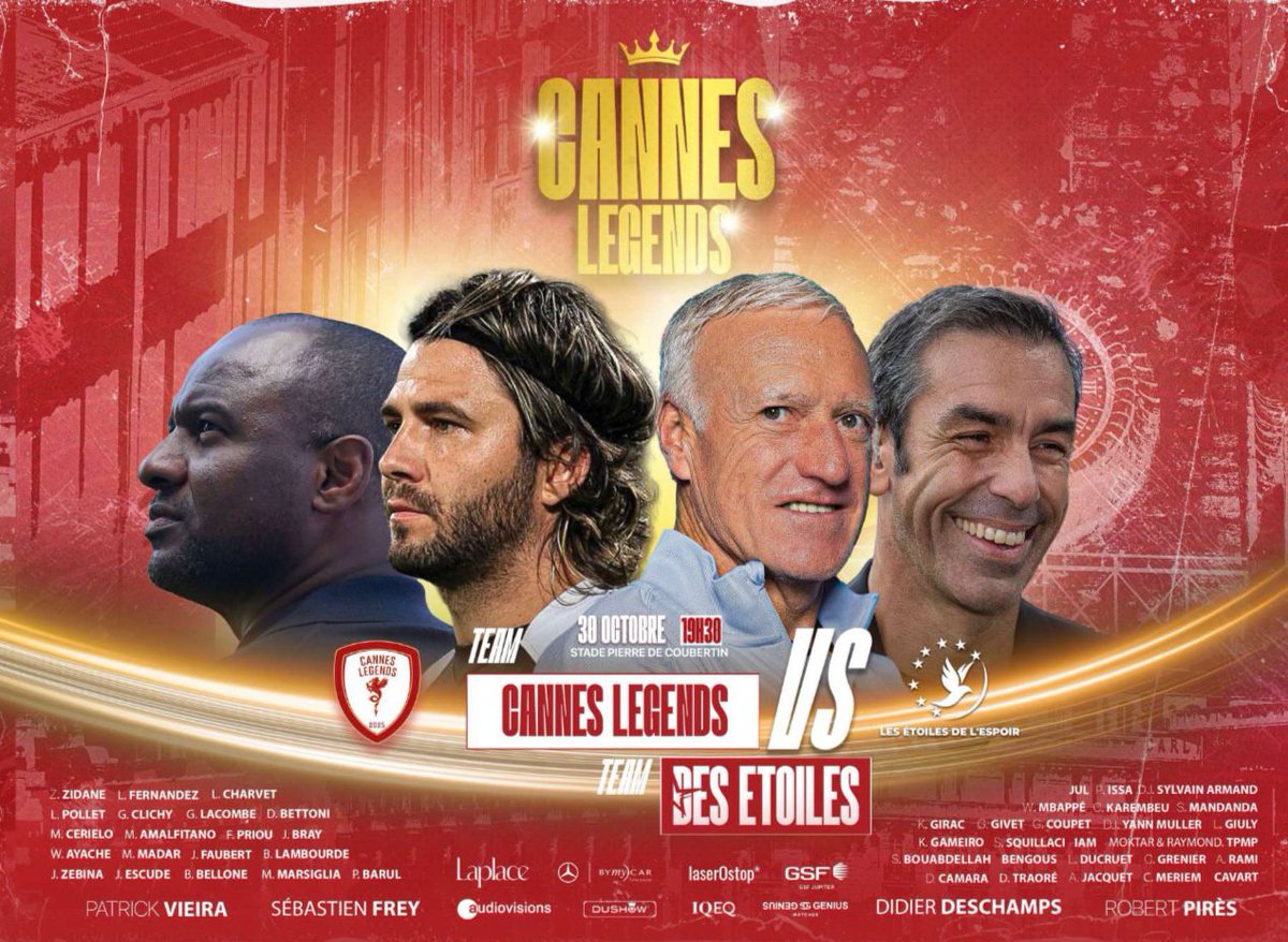 ⚽ Cannes Legends – Un match historique à ne pas manquer !
Les légendes de l’AS Cannes affrontent l’équipe des Étoiles de l’Espoir de Didier Deschamps 🌟

📅 Jeudi 30 octobre – 19h30
📍 Complexe Pierre de Coubertin – Mûriers
🎟️ Billetterie : as-cannes.com/billetterie