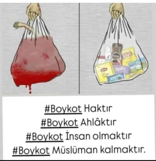 Altından kan damlayan poşetleri unutmuyoruz değil mi? Ellerindeki poşetlerle yavrusunun parçalarını taşıyan babaları unutmadık değil mi?😥
Ölene kadar boykot etmek insani görevimizdir.
#BoykotaDevamEt