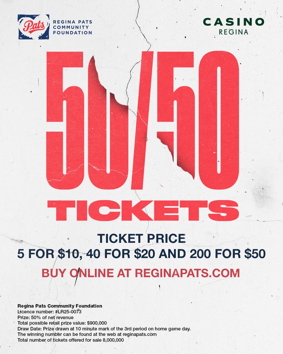 WHLPats's tweet photo. 50/50 is live now! 
Buy your tickets online now and you could be the night’s biggest winner! 

🔗 https://t.co/CshRf2d9Au

#ReginaPatsHockey #Pats5050 #PatsCommunity #BlueRunsDeep https://t.co/vrFOx6OgIz