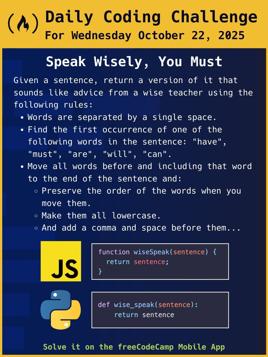 freeCodeCamp's tweet image. For today's coding challenge, you'll figure out how to turn any sentence into Yoda-speak. Find it on the freeCodeCamp mobile app, you can.