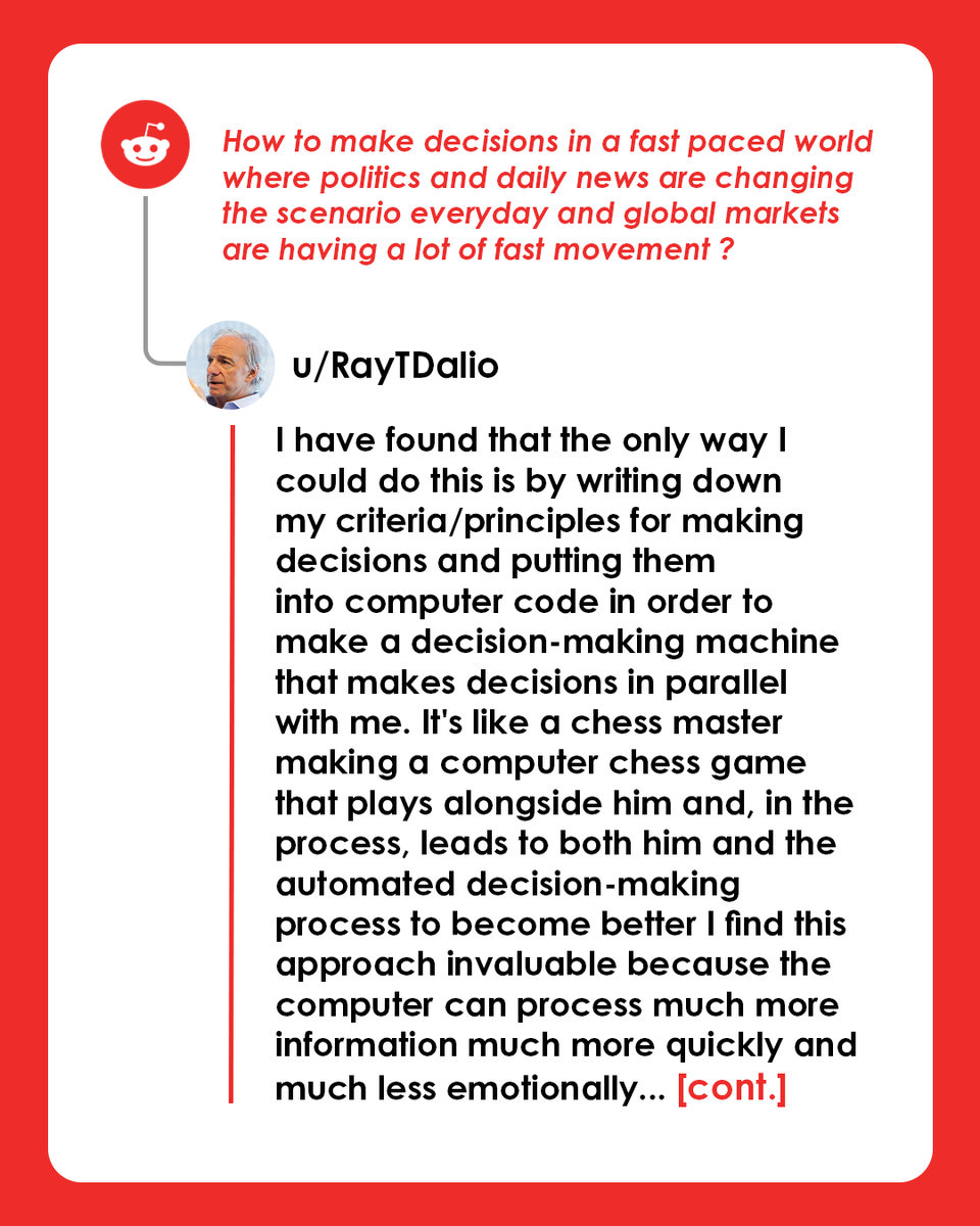 RayDalio's tweet photo. In case you missed my latest @Reddit  AMA, I wanted to share a few of my favorite questions here, along with my responses. I hope you find them valuable — and I so appreciate those of you who take the time to exchange with me across social media. https://t.co/GymMa5lqk2