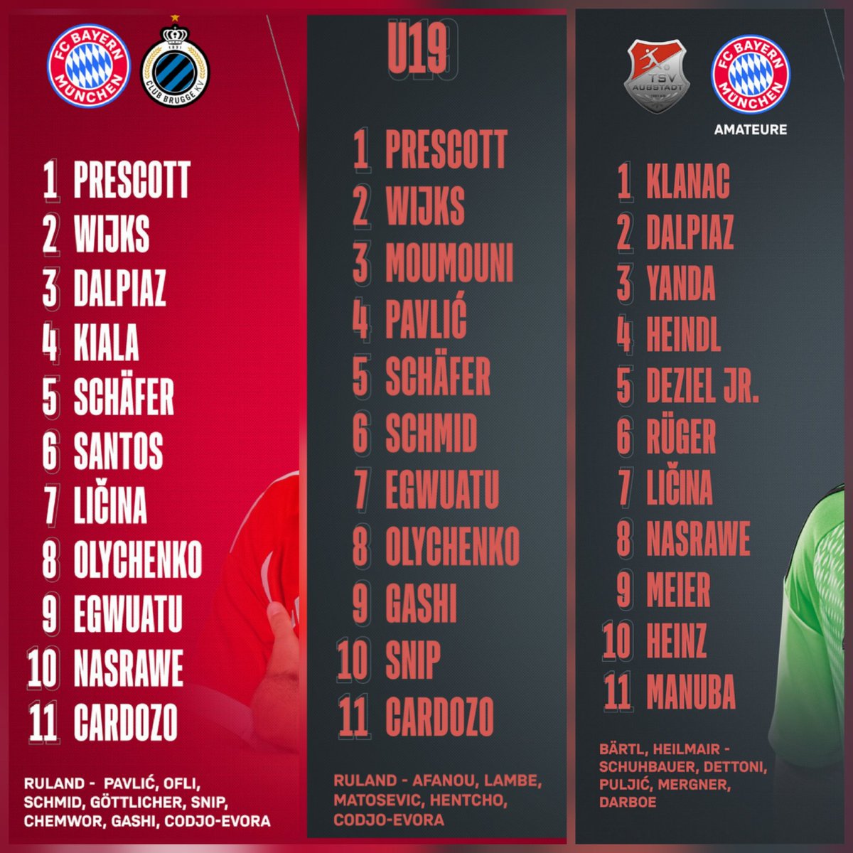 OidaMinga's tweet photo. Teams / Startelf der #FCBU19 & #FCBAmateure gegen Brügge, #Haching + Aubstadt.
Da es ja nur um die Förderung des Einzelnen geht, kann man von den zusammen gewürfelten FC Bayern Teams eig nicht zu viel erwarten. https://t.co/tVwoUmCXtz