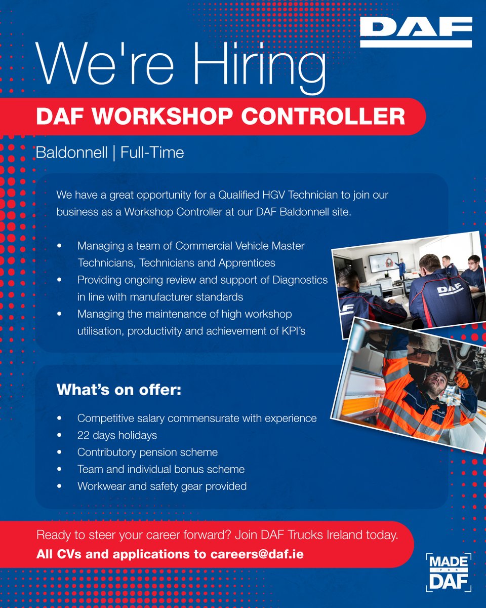 DAFIreland's tweet photo. We are hiring 📢 

We are looking for a Workshop Controller to join our fantastic DAF Trucks Dublin team in Baldonnell.

Find out more and apply here ➡ https://t.co/tS8Ys4MIzF

#daf #trucks #trucking #transport #jobs #vacancies #Dublin #dublinjobs https://t.co/1NoSGxaAWf
