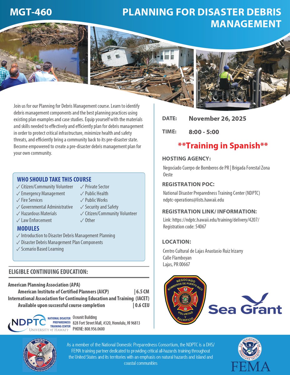PR Sea Grant (@seagrantpr) on Twitter photo Segundo curso presencial también será en Español y gratuito. Espacios limitados. Proceso de registro en Inglés. Para asistencia comunicarse con Lillian Ramírez al 787-832-3585 o lillian.ramírez@upr.edu.
Enlace de registro: ndptc.hawaii.edu/training/deliv… 
Código de registro: 54067 Segundo curso presencial también será en Español y gratuito. Espacios limitados. Proceso de registro en Inglés. Para asistencia comunicarse con Lillian Ramírez al 787-832-3585 o lillian.ramírez@upr.edu.
Enlace de registro: ndptc.hawaii.edu/training/deliv… 
Código de registro: 54067