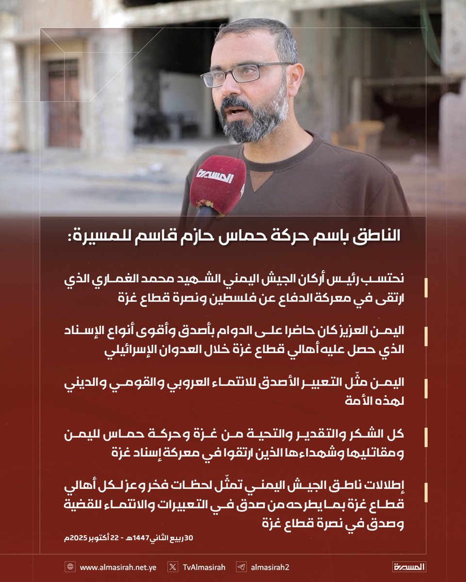 🟥 الناطق باسم حركة حماس حازم قاسم للمسيرة: 

♦️ تعودنا أن العدو يتنصل دائما عن الاتفاقات وهذا هو سلوكه الأساسي والأصيل
♦️ سلاح حماس هو سلاح شرعي للدفاع عن الشعب الفلسطيني
♦️ المشكلة الأساسية هي في سلاح العدو الذي قتل أبناء غزة ودمر القطاع وليس سلاح المقاومة 
♦️ نحتسب رئيس أركان