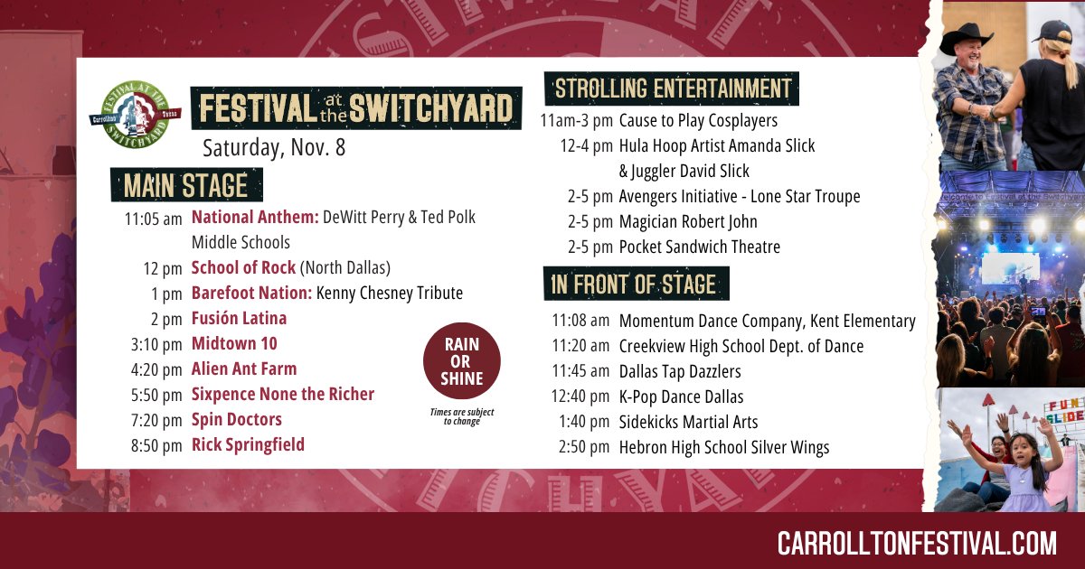 Join the fun at the 15th annual Festival at the Switchyard on Sat., Nov. 8 from 11am-10pm. From rock &amp; roll, to country jams, the Festival has something for every musical  taste. Check out the full schedule of entertainment to plan for the perfect Saturday in Downtown Carrollton.