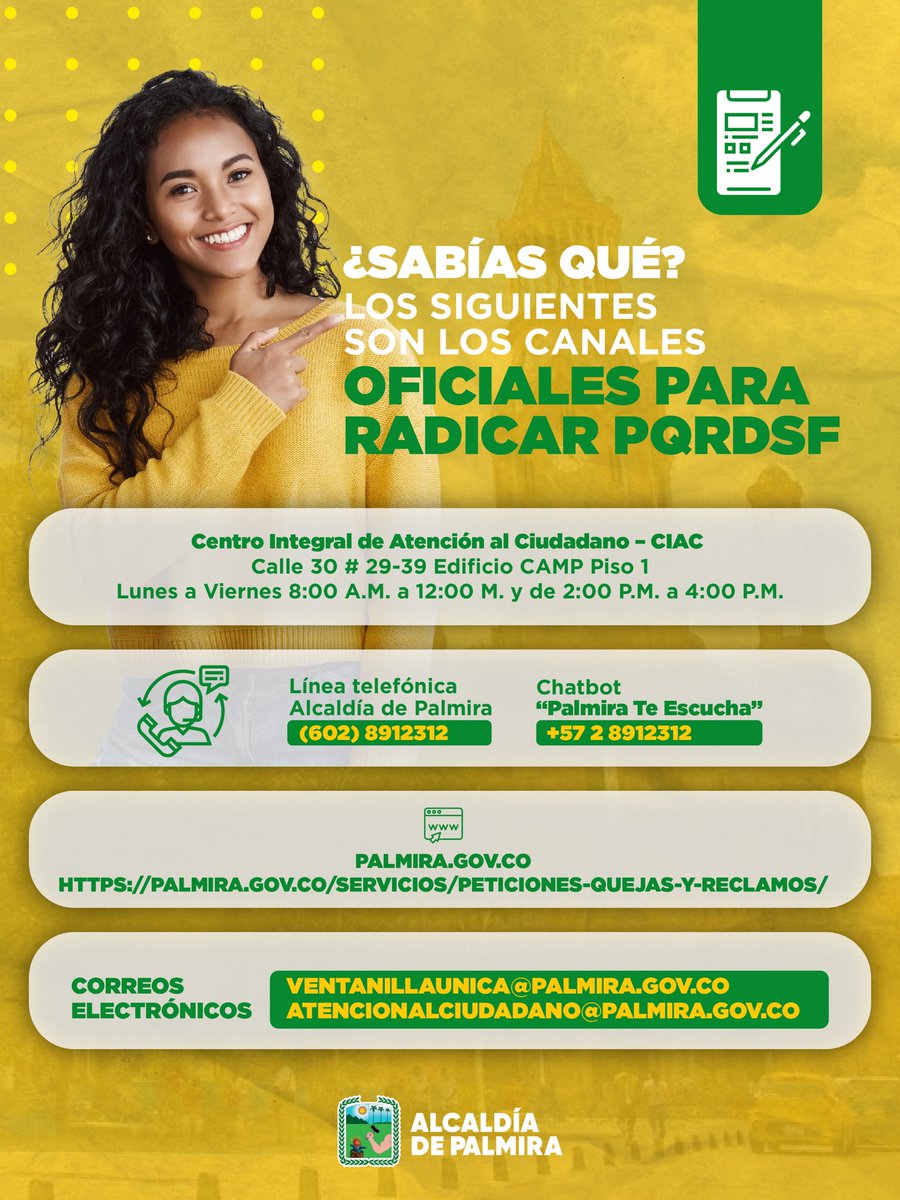 AlcaldiaPalmira's tweet photo. 👋 ¡Hola! Te contamos que para radicar una PQRDSF debes hacerlo por los canales oficiales de la Alcaldía de Palmira.

Puedes hacerlo desde nuestra página web https://t.co/u3peN9o74T,enviando tu solicitud a ventanillaunica@palmira.gov.co o realizarlo por nuestros otros canales https://t.co/MKi0a2gWiD