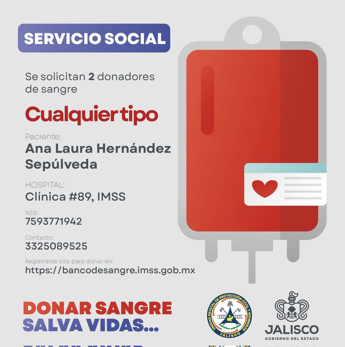 donaenvida's tweet photo. #URGENTE #Jalisco #Sangre de cualquier tipo para Ana Laura Hernández Sepúlveda, en la Clínica 89 del IMSS.
Contactar al: 332 508 9525.

#DonaEnVida #AyudarEstáEnLaSangre https://t.co/QK7l3EpGnE