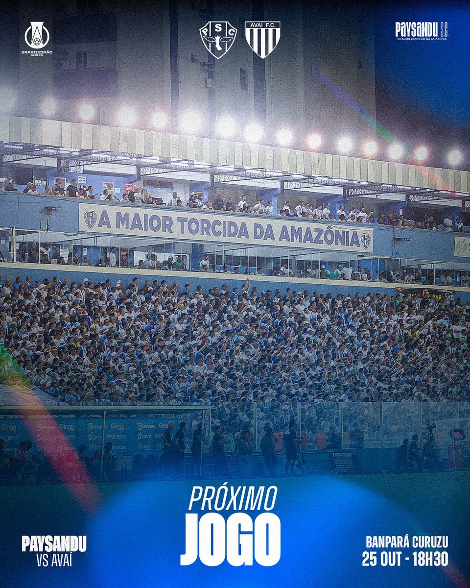 Paysandu's tweet image. O próximo jogo do Paysandu Sport Club é pela 34ª rodada da #SérieB2025, no próximo sábado (25), às 18h30 no Banpará Curuzu! ⚪️🔵

#PAYxAVA #VamosPaysandu