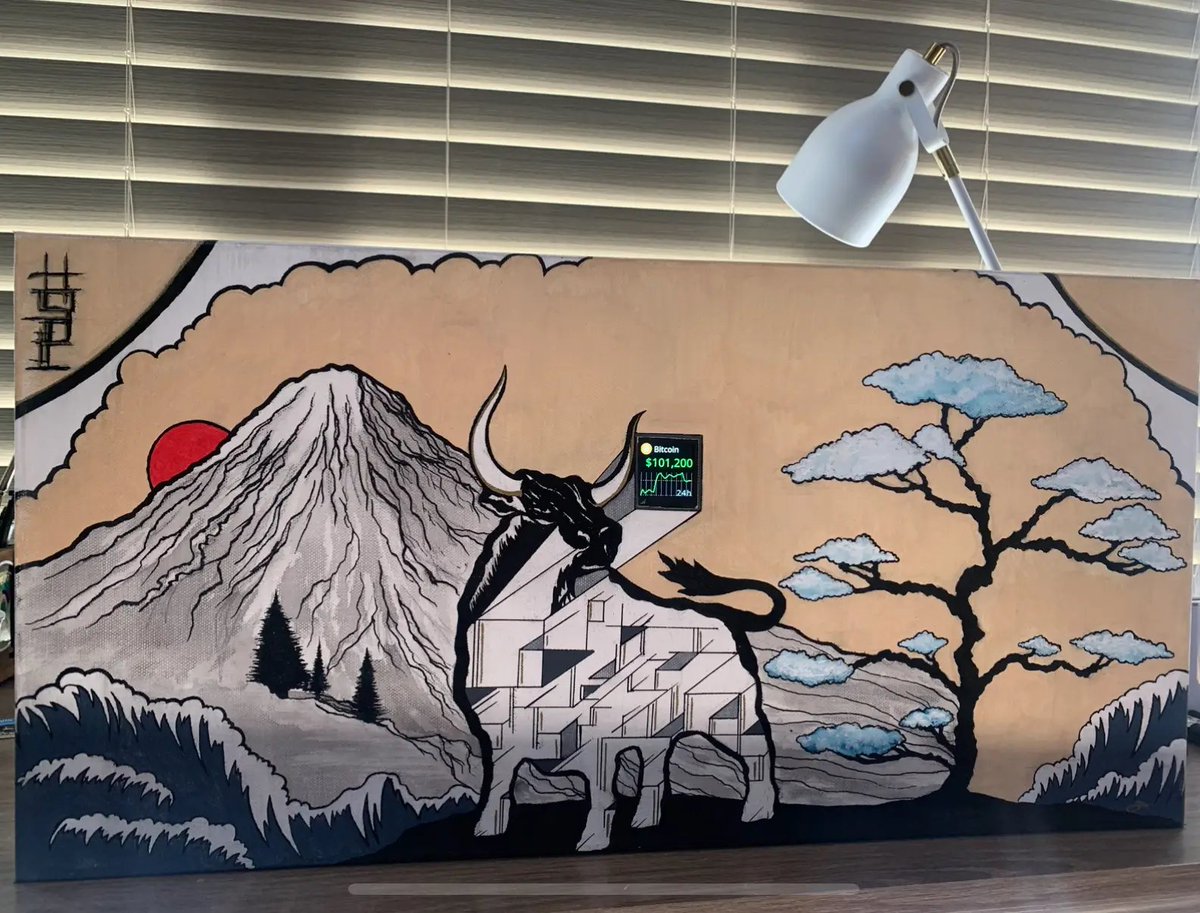 🔥 “Mt. Fuji Bull Run” from <a href="/ArtworkbyJA/">Jake Allen</a> 

Acrylic on canvas + live Bitcoin price ticker built in.
Plug in via USB-C or go fully wireless for travel &amp; events.

A true 1/1 - available now in our Goods Marketplace 🔗👇