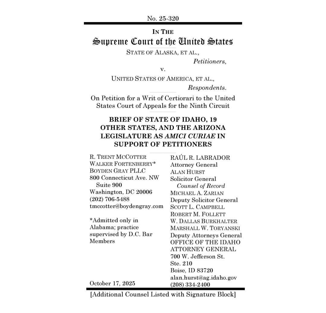 SUPREME COURT UPDATE: Thanks, <a href="/hughhewitt/">Hugh Hewitt</a>, for highlighting this important case—and to <a href="/Raul_Labrador/">Attorney General Raúl R. Labrador</a> (and the brilliant <a href="/TrentMcCotter/">Trent McCotter</a>) for leading a 21-state brief supporting Alaska’s important ask to SCOTUS. This case is about defending the rule of law, the plain meaning of