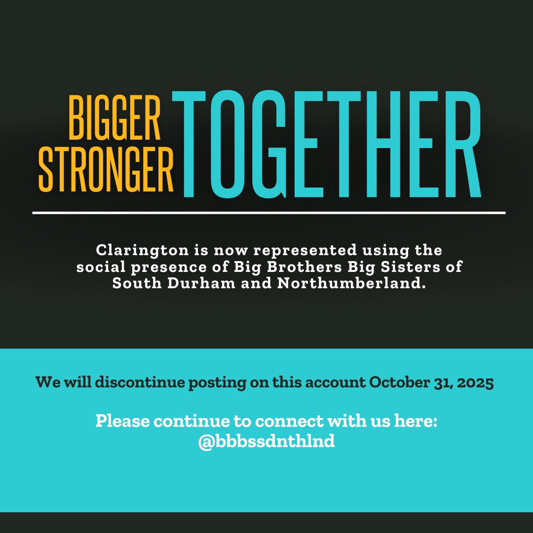 bbbsclarington's tweet photo. 📢 Exciting update! Clarington is now represented through the social presence of Big Brothers Big Sisters of South Durham and Northumberland. Our Clarington social media will be discontinued, but you can continue connecting with us here:            👉https://t.co/8il8iCrnhN https://t.co/gOadKYLniQ