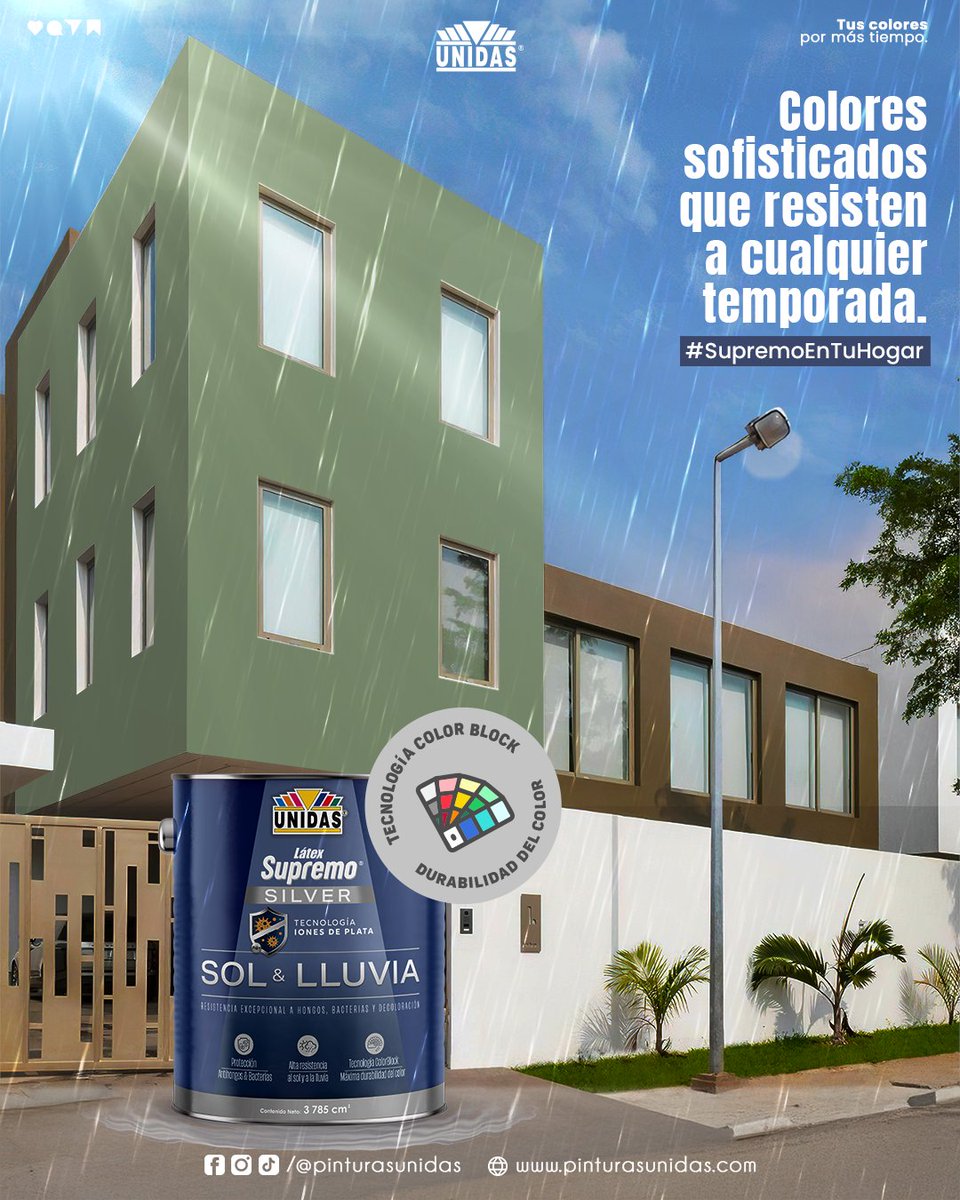 🎨 ¿Tu color favorito se desvanece con el tiempo? Con la tecnología COLORBLOCK de Látex Supremo Silver Sol y Lluvia, los colores resisten sol, lluvia y el paso del tiempo.

#Colorblock #PinturasUnidas #LátexSupremoSilverSolyLluvia