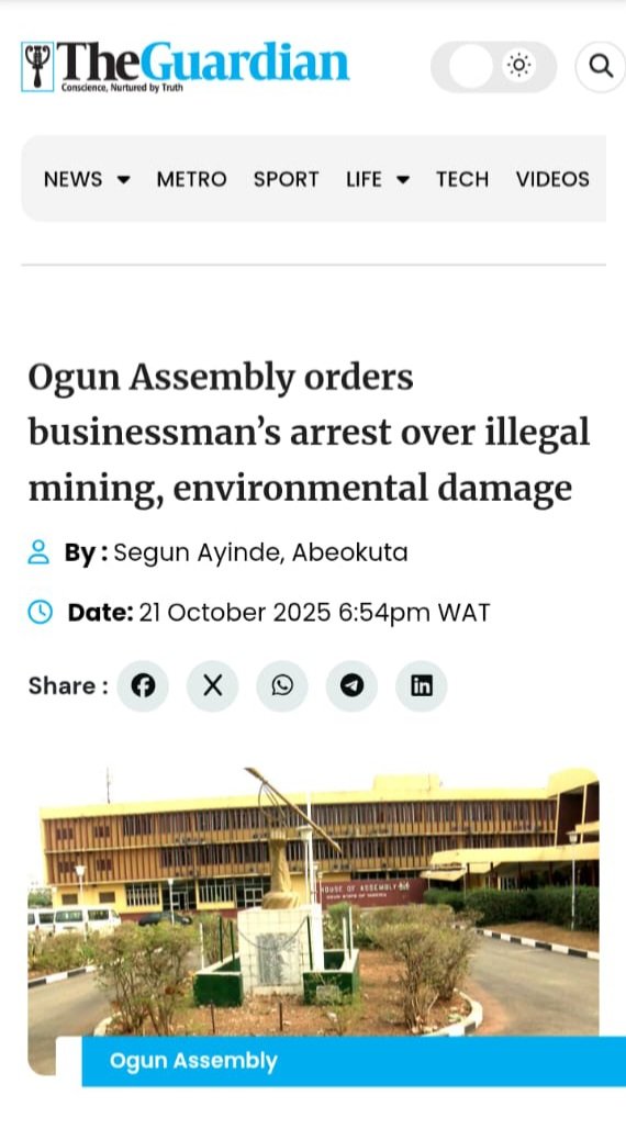Ogun Assembly Cracks Down on Illegal Mining 

In a bold move to combat environmental degradation, the Ogun State House of Assembly has ordered the arrest of businessman Alhaji Tajudeen Abioye, Managing Director of Ojibas Nigeria Limited, over allegations of illegal mining