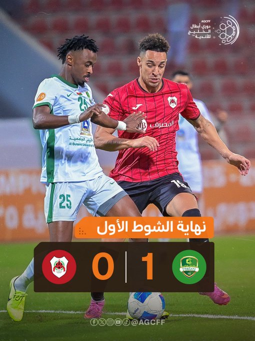 Two soccer players in action on a green field during a match one in a white uniform with green accents and number 25 the other in a red and black striped uniform with number 18 both wearing cleats and engaging physically near the ball with stadium seating and banners in the background including Arabic text and logos a score overlay shows Al Rayyan 0 - 1 Al Nahda with team emblems.