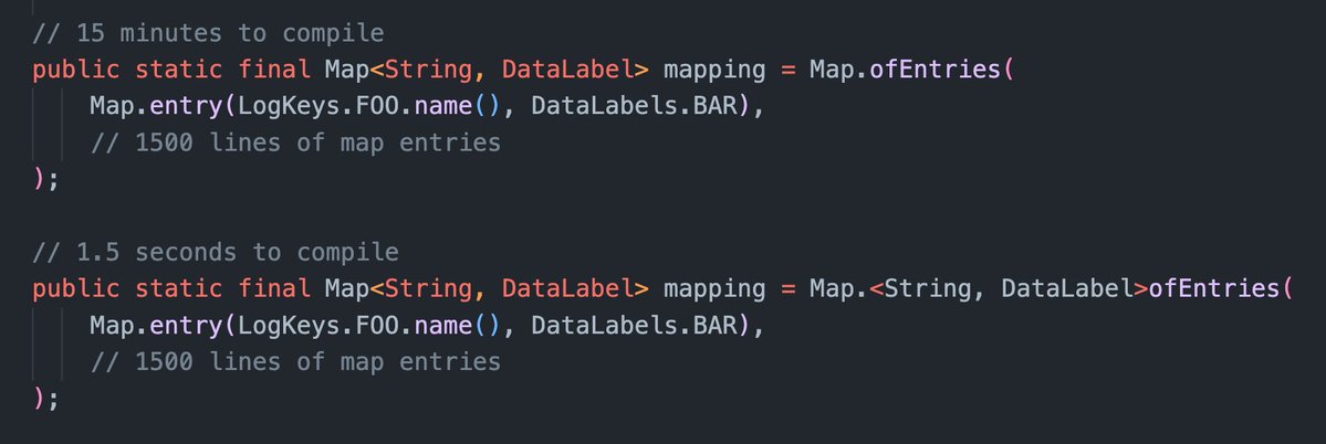 StefanZeiger's tweet image. Large type unifications are often the cause for slow compilation in Scala, and you may expect that Java's more limited type system and inference, doesn't suffer from it. Today I encountered this case in Java, worse than any of the ones we've had in Scala: