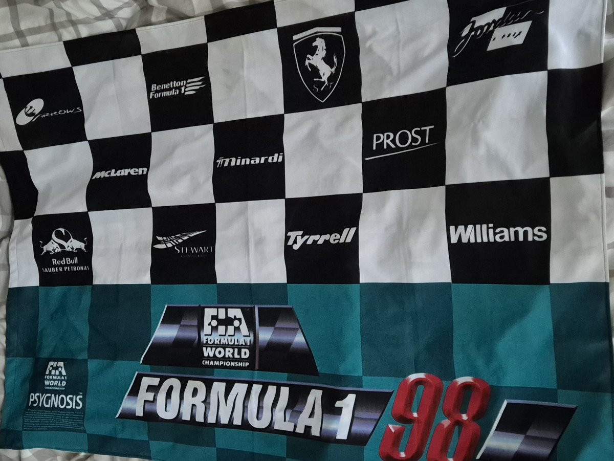 UnracedF1's tweet photo. How cool is this flag😍🏁

1998 F1 flag for the game Formula 1 98 by Psygnosis. 

#F1 #RetroF1 #Psygnosis https://t.co/ytPHWfovrK