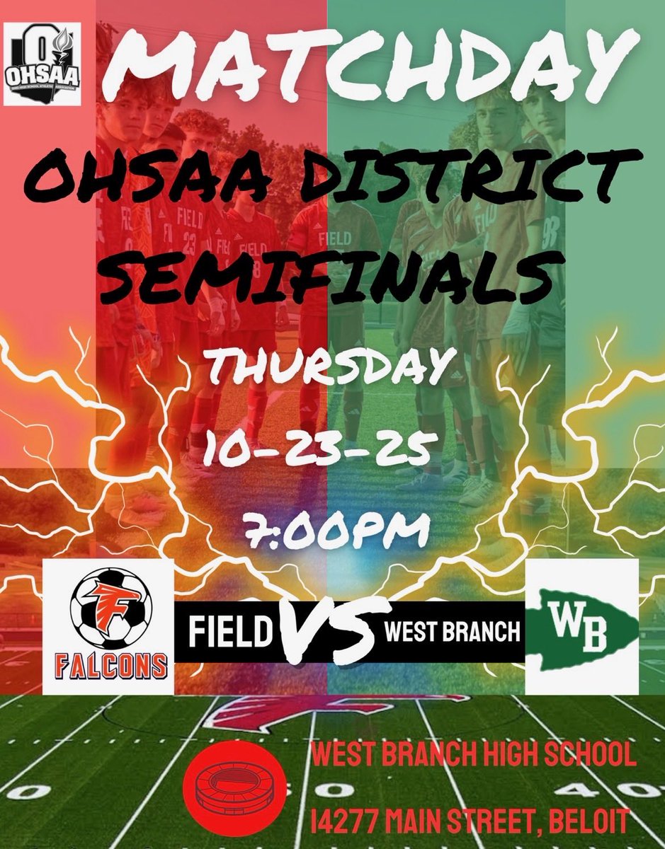🚨 District Semifinal Showdown! 🚨
Your Falcons are hitting the road to take on West Branch in a battle for a spot in the District Final!
🗓 Tomorrow Night
🕖 7:00 PM Kickoff
📍 At West Branch
Let’s pack the stands and show our support! Your boys soccer team needs you loud!⚽️