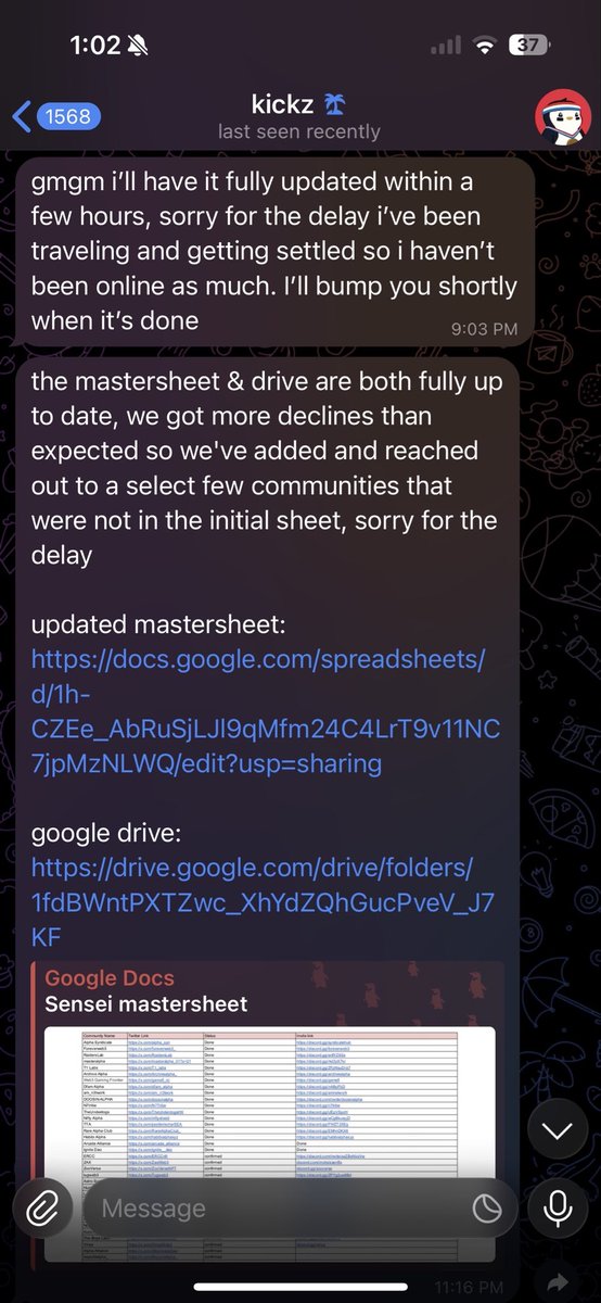⚠️ Warning about <a href="/kickzeth/">Kickz</a> scammer alert

A few weeks ago we hired <a href="/kickzeth/">Kickz</a>  to help with collabs across alpha groups.
He presented a list of about 75 groups, and after reviewing the list and seeing the alphas ourselves, we agreed to pay him $5K to secure official collabs with