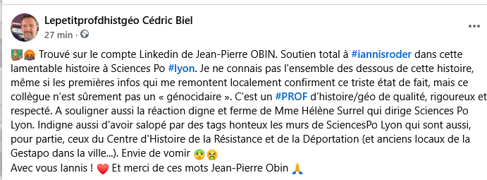 cedric_biel's tweet photo. 🧑🏻‍🏫🤬Soutien total à #IannisRoder. Le communiqué de la directrice SciencesPo #Lyon Hélène Surrel va dans le bon sens en réaffirmant le cadre et les valeurs républicaines niées par ces actions déplorables. Affaire à suivre ! @sup_recherche Et🙏 JP Obin pour ces mots sur Linkedin. https://t.co/hzxrATk2mQ