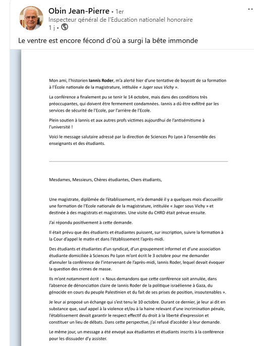 cedric_biel's tweet photo. 🧑🏻‍🏫🤬Soutien total à #IannisRoder. Le communiqué de la directrice SciencesPo #Lyon Hélène Surrel va dans le bon sens en réaffirmant le cadre et les valeurs républicaines niées par ces actions déplorables. Affaire à suivre ! @sup_recherche Et🙏 JP Obin pour ces mots sur Linkedin. https://t.co/hzxrATk2mQ
