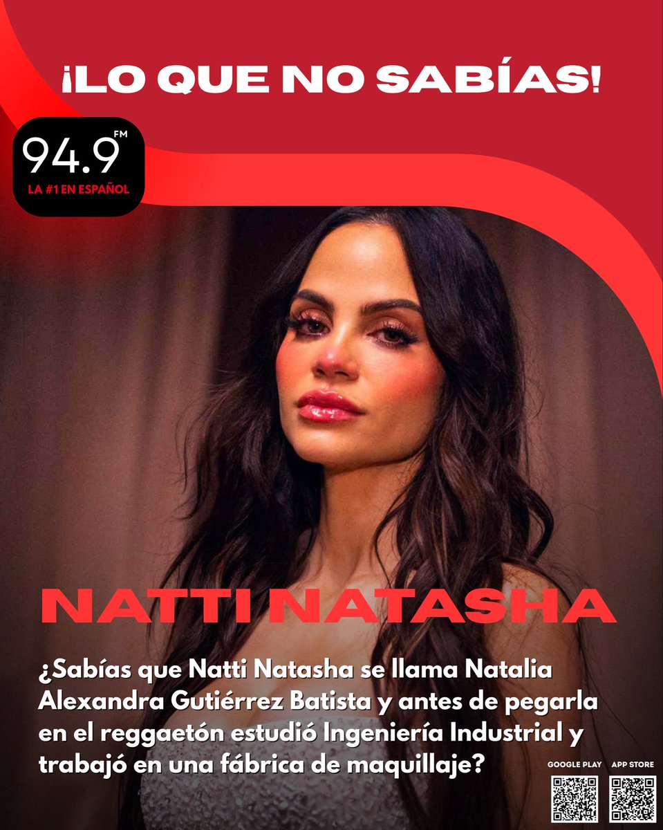 gitanaecuador's tweet image. 💡 ¿Sabías que Natti Natasha antes de pegarla en el reggaetón estudió Ingeniería Industrial y trabajó en una fábrica de maquillaje? Luego Don Omar la fichó y llegó el boom con “Dutty Love”. 🎧✨ 

❤️ ¿Qué tema de Natti quieres oír en 94.9FM? 
#NattiNatasha #Dato949FM #949FM