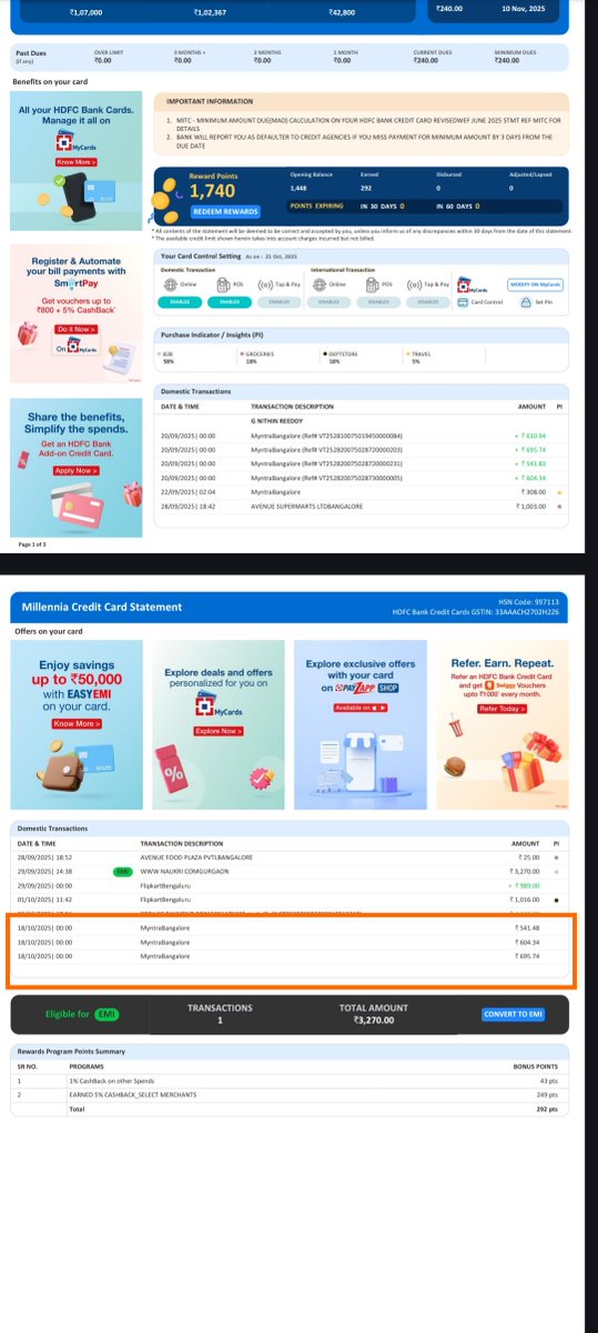 iamG_N_R's tweet photo. I don't know what is happening with @myntra, Initially they refunded money and then without  my concern from @HDFC_Bank @HDFCBank_Cares money deducted from my HDFC Credit card. I didn't any noti. I wrote mail to both parties. Will meet in @jagograhakjago court. I have all proofs. https://t.co/sC4GrBzfV0