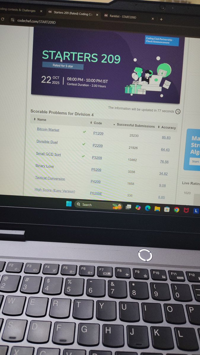 Roshan7065's tweet image. Participated in starters 209 @codechef contest and solved ✅ three problems.