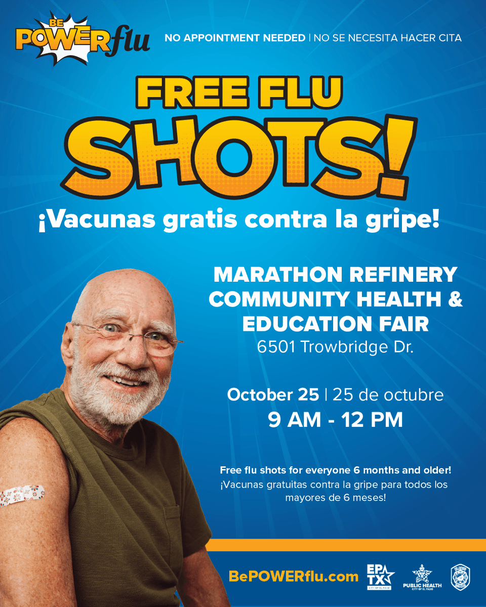 ElPasoTXGov's tweet photo. ๐ช Itโs time to Be POWERflu! Our annual flu prevention campaign is here, offering FREE flu vaccines to everyone 6 months and older. Stay strong, stay protected.
๐Find upcoming events and clinic locations at https://t.co/IbF5f9Xobx
#BePOWERflu #FluFighters #IAmElPaso https://t.co/kGHSDrme5h