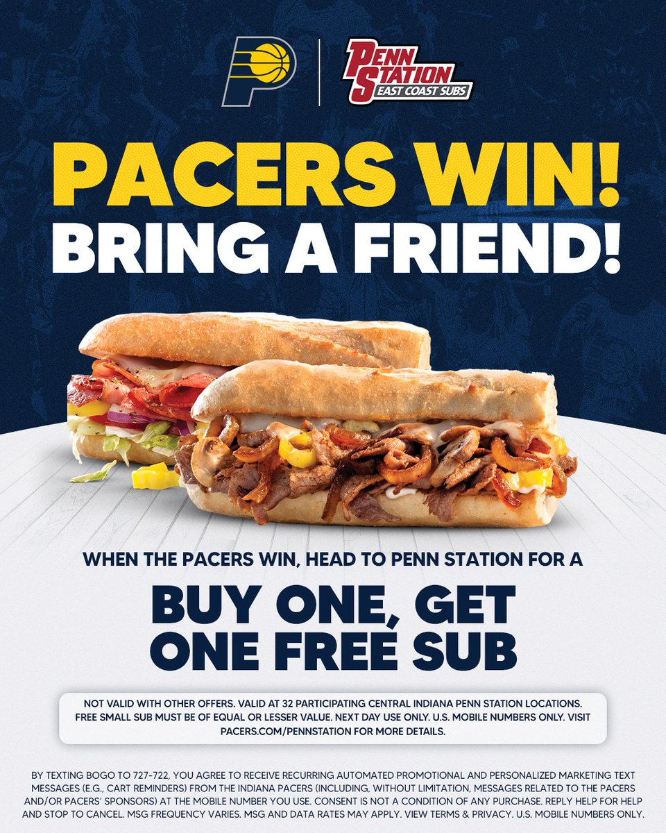 Pacers's tweet image. When we win, you win‼

After every win text “BOGO” to 727-722 by 10 a.m. the following day to receive your coupon 🥪

Learn More: Pacers.com/PennStation