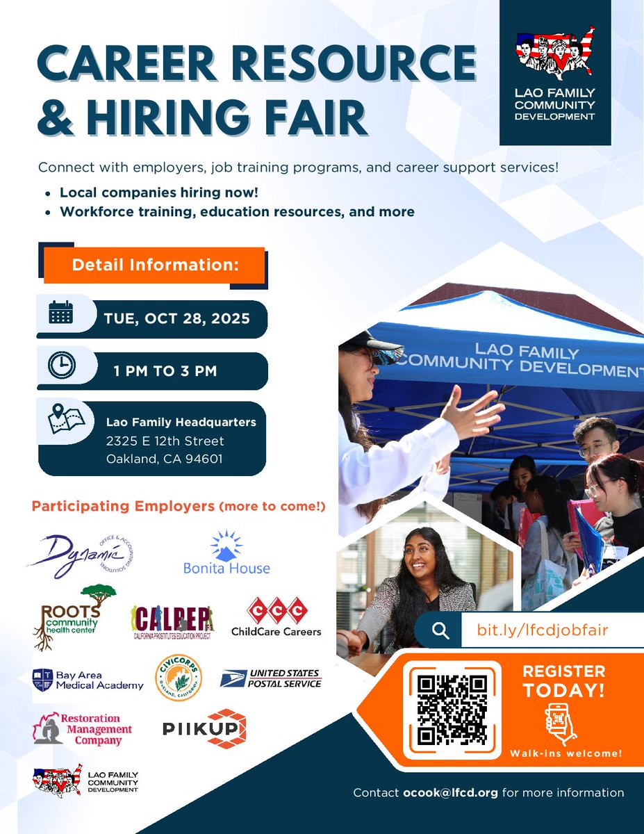 ACWDB's tweet image. 🚀 Career Resource &amp;amp; Hiring Fair — Oakland, CA
Connect with local employers, job training programs &amp;amp; career support!
📅 Tue, Oct 28 | 🕐 1–3 PM | 📍2325 E 12th St, Oakland
Walk-ins welcome! Register: bit.ly/lfcdjobfair
#JobFair #OaklandJobs #CareerGrowth