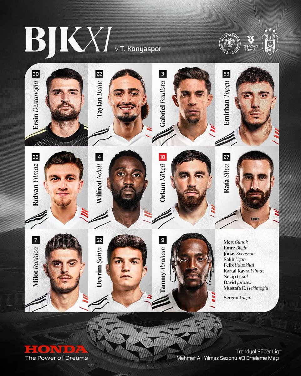 digitalkulube's tweet photo. Trendyol Süper Lig'de heyecan devam ediyor.

⚪️🟢 Konyaspor ⚔️ ⚫️⚪️ Beşiktaş

Mücadelede ilk 11'ler belli oldu 👇 https://t.co/4gL9RERb3a