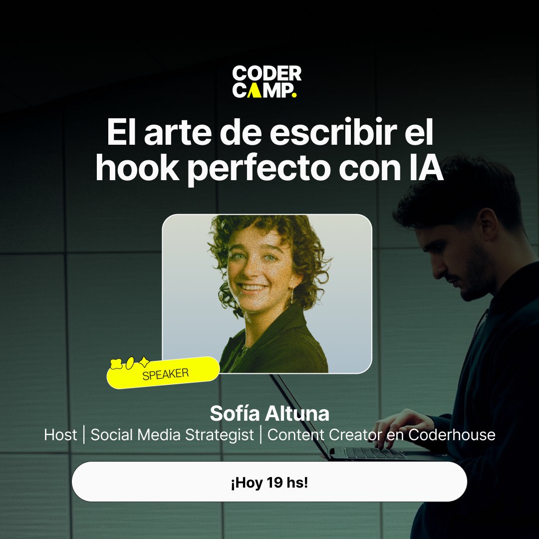 coderhouse's tweet image. 📅 Hoy 19 hs (ARG)
En redes no faltan ideas,
falta un buen hook.
💡 Workshop gratuito de #CoderCampAI
🧠 Tema: El arte de escribir el hook perfecto con IA
🎙️ Speaker: Sofía Altuna — Host y Content Creator en Coderhouse
Gratis y en vivo 🚀
👉🏼 Inscribite: coderhouse.com/ar/codercamp-a…
