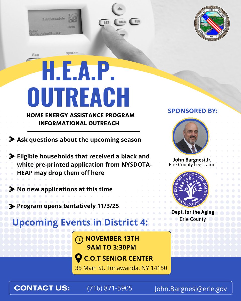 JohnBargnesiJr's tweet photo. Proud to partner with the Erie County Department for the Aging to host a HEAP outreach session to help residents prepare for the heating season.

📍 CoT Senior Center — Nov. 13 | 9 AM–3:30 PM
#ErieCounty #HEAP #CommunitySupport https://t.co/dBI1yrLNBx