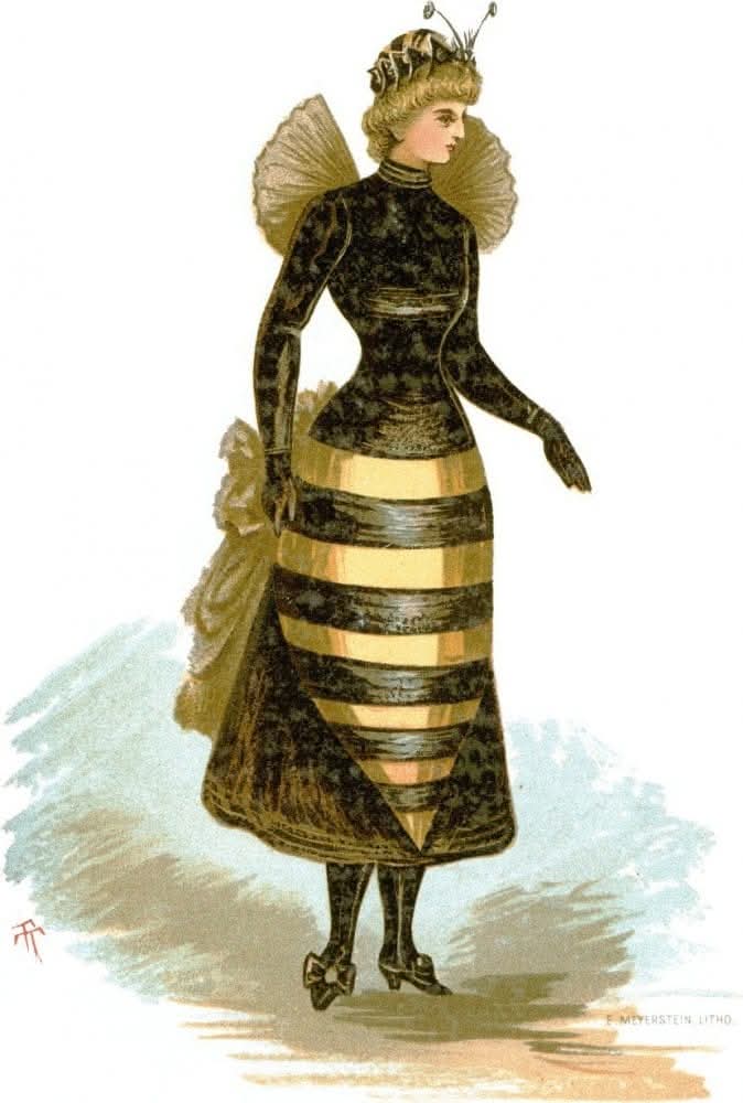 Mary_Anne_L's tweet image. Today's #WyrdWednesday themes: #masks, #costumes, #disguises.

The Queen of the Murder #Hornets! No, really this is a 1884 costume illustration. From "Fancy Dresses Described or What to Wear at Fancy Balls" by Ardern Holt. Signed "T. T." Publisher: E. Meyerstein.  🐝

#Halloween
