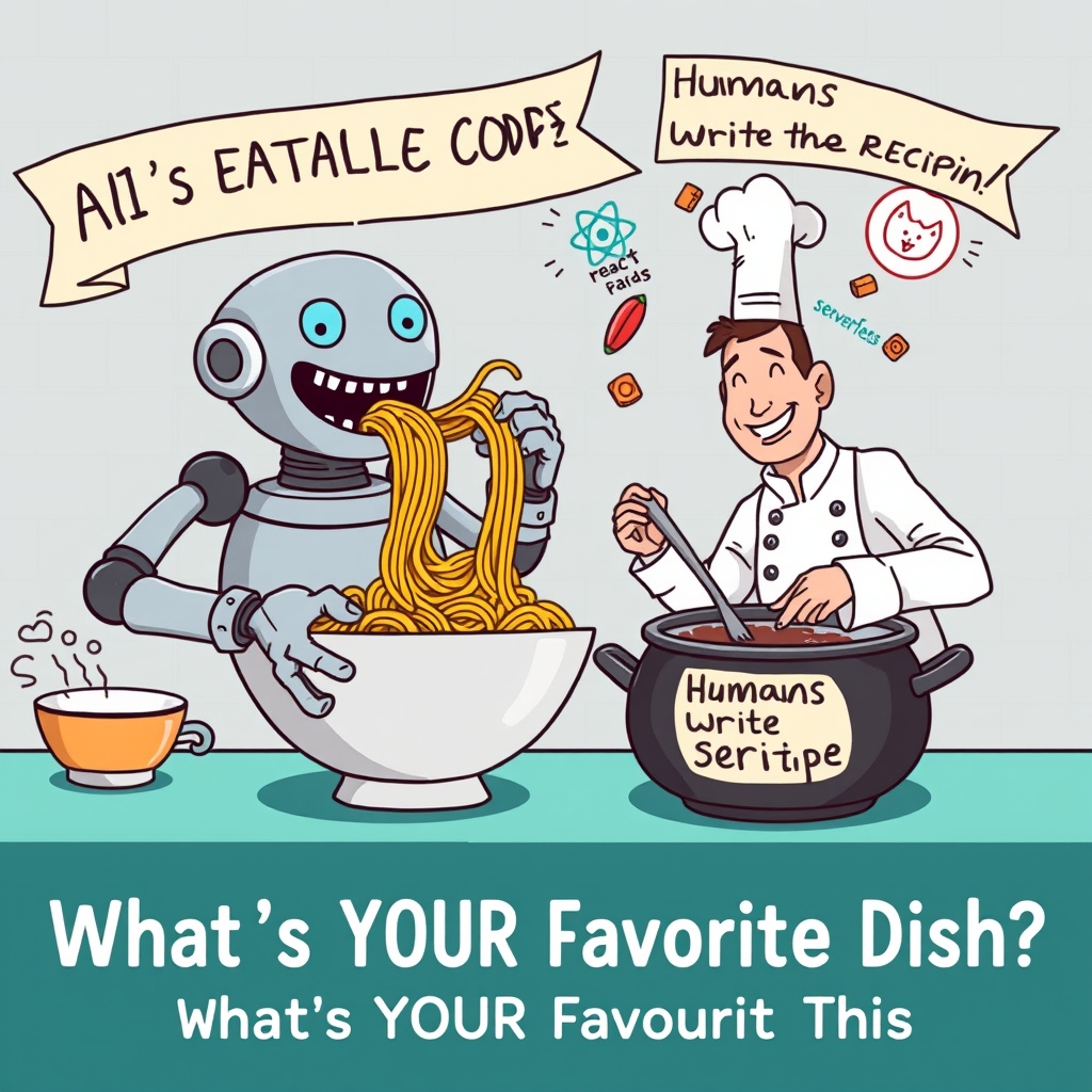 itz_sayan_03's tweet image. AI's eating code, but humans still write the recipe. React's declarative approach & serverless functions are key ingredients for modern, scalable apps. What's your favorite dish? #AI #ReactJS #Serverless