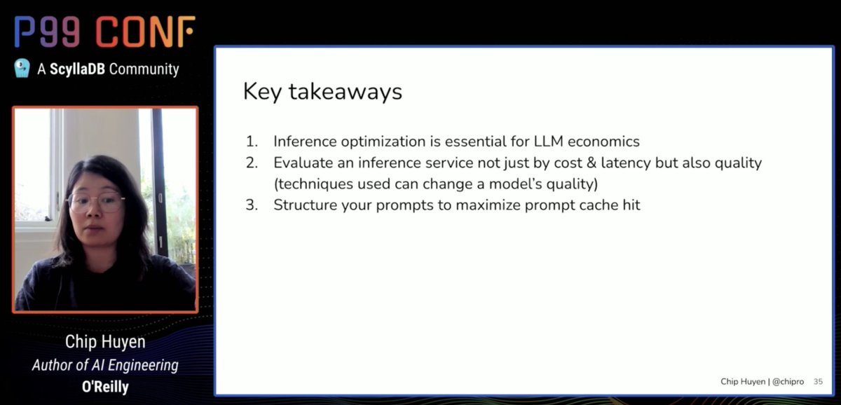debasishg's tweet image. Chip Huyen @chipro just delivered a great talk on LLM Inference Optimization at #P99Conf #ScyllaDB .. loved when she dropped &quot;bin packing&quot; as part of the talk .. Here are the key takeaways from her talk ..