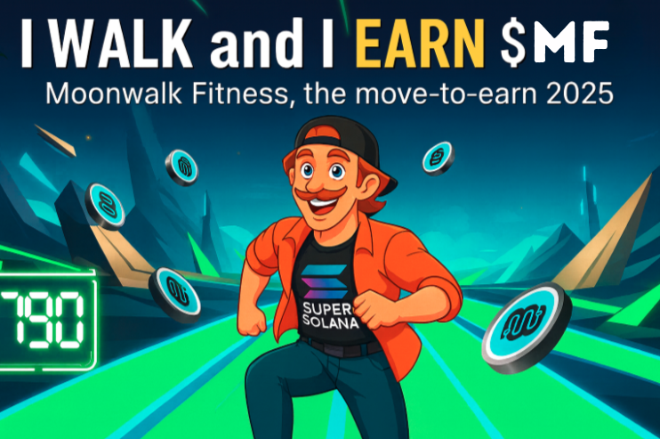 Moonwalk Fitness 홍보 이미지 — 캐릭터가 걸으며 $MF 토큰을 얻는 장면