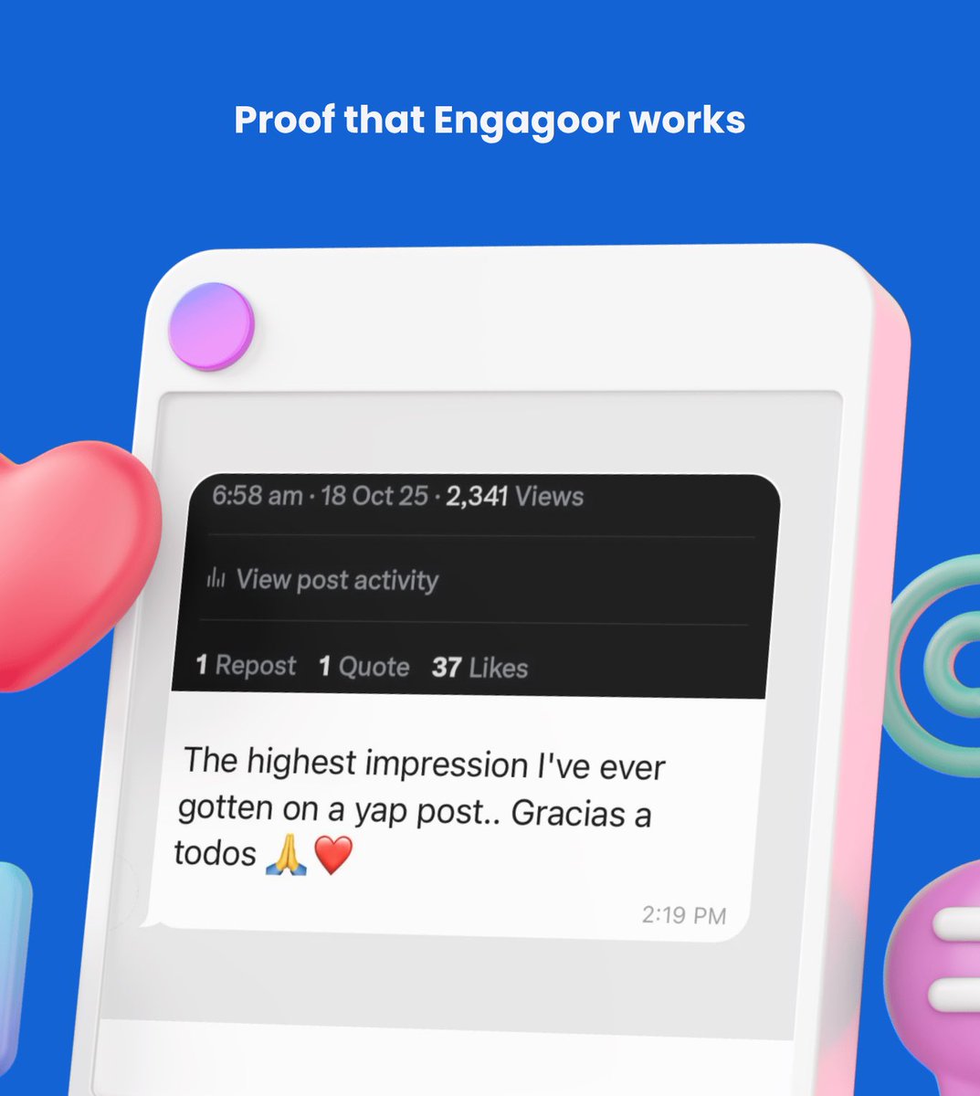 They say the best proof is real user feedback 🤝

For small accounts, growth isn’t easy.
But with genuine interactions, tracked engagement and real connections on Engagoor… growth becomes natural ❤️

Don’t belong to any community? You can join t.me/bigosroom to get