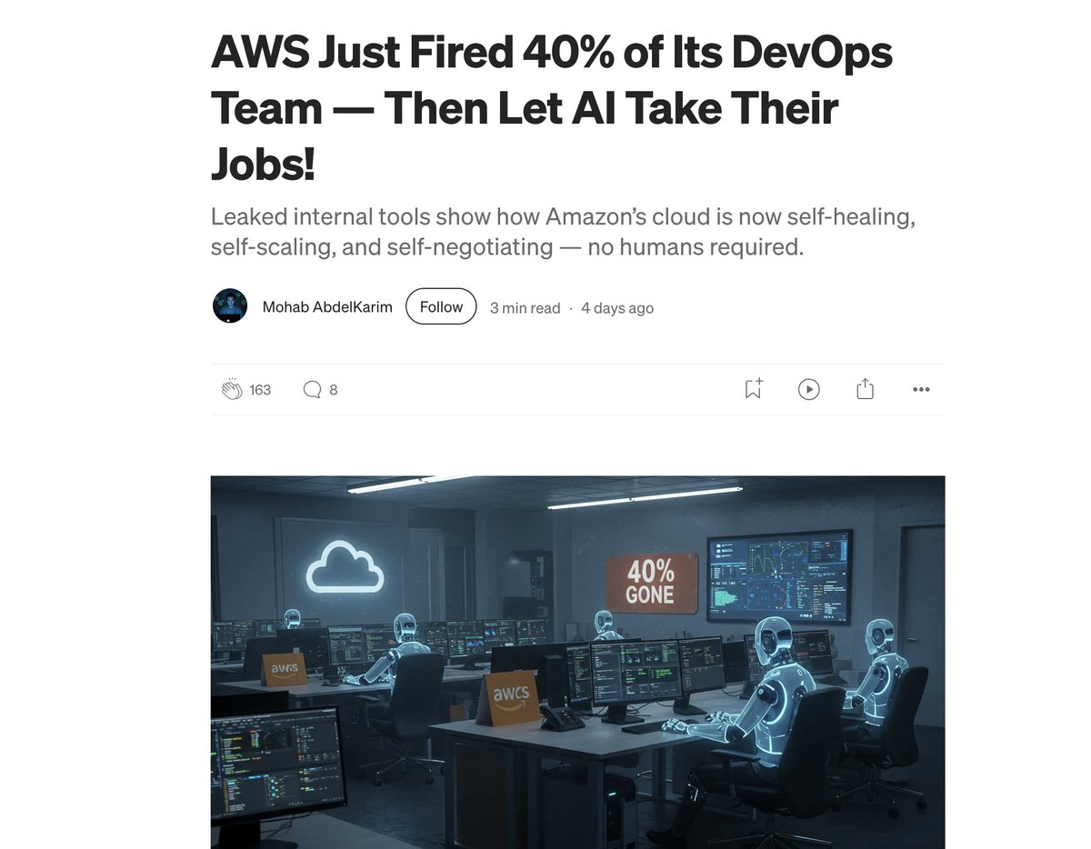 maxifirtman's tweet image. Amazon AWS reemplazó con IA este lunes al 40% de los ingenieros de operaciones (DevOps).
Los ingenieros recibieron el aviso de despido el lunes a la mañana. Unas horas después comenzó el descalabro de AWS que dejó sin conexión a miles de sitios web, apps, tarjetas, bancos…