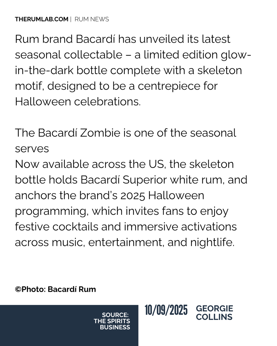 therumlab's tweet photo. RUM NEWS WEDNESDAY
“Halloween is one of the biggest moments of the year for Bacardí because the season perfectly captures the playful and bold spirit of our brand,” said Lisa Pfenning, Bacardí’s NOA VP
#Rum #Rhum #RumNews #therumlab #newsalert #topnews #ron #spiritindustry https://t.co/iulS0cdx55